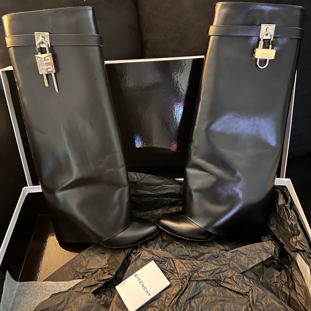 Givenchy Black Leather Boots with Silver Lock Accent